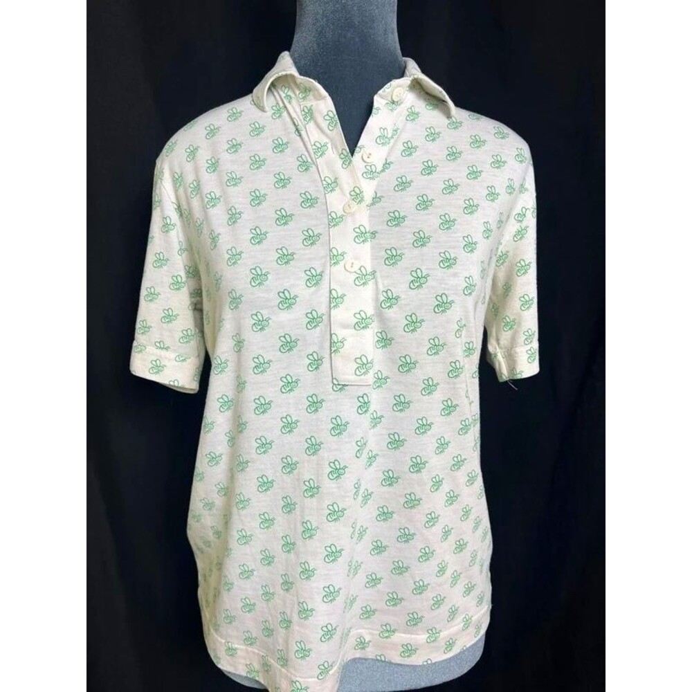 Leon Levin Vintage Bee Print Polo Shirt Green Ivory Medium